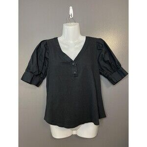 Gap Shirt Womens Small Black Puff Sleeve V Neck Button Front Hemp Cotton Top